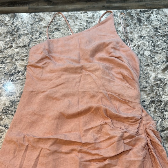 Anthropologie | Ruched Asymmetrical Linen Blend Dress in Pink Size 14 - Picture 6 of 16